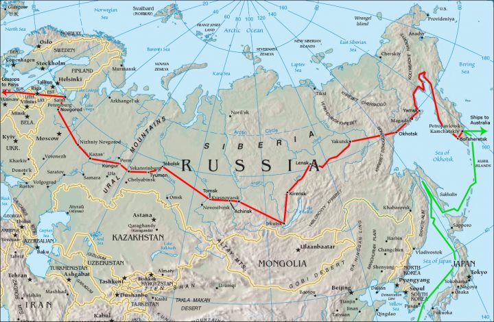 Карта путешествия Бартелеми де Лессепса с Камчатки до Санкт-Петербурга. 